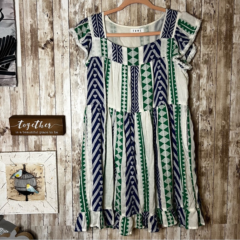 THML geometric embroidered flutter-sleeve tiered dress XS